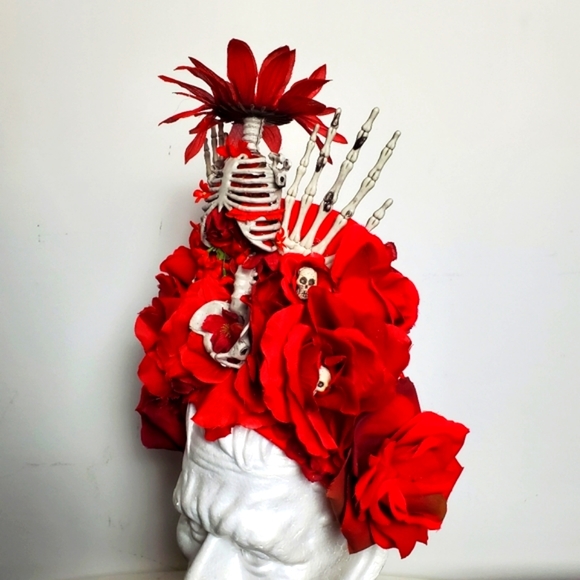 Red Floral Skeleton Skull Bone Floral Goth Headpiece Crown LED Light Up Headband - Picture 6 of 11